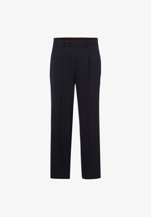 Zwarte op maat gemaakte pantalon met knoop- en ritssluiting, taillebandlussen en smalvallende rechte pijpen.