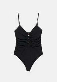 Maillot de bain une pièce noir avec fines bretelles, devant froncé et trois boutons décoratifs au centre sur fond blanc.