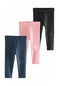 Drei Paare Kinderleggings in Schwarz, Pink und Navyblau, jeweils mit einem gestickten Form-Patch auf den Knien (Stern, Bär, Blume).