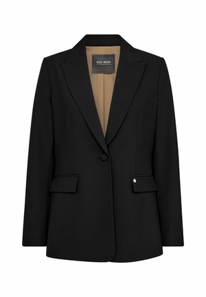 Black tailored blazer with a notched lapel, single button closure, two front pockets, and a tan lining. Features subtle gold hardware accents.