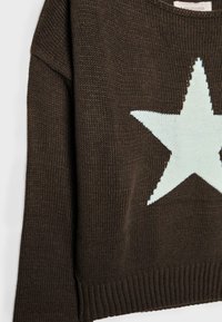 Pull marron tricoté avec un motif d'étoile bleu clair. Il présente un col rond et un ourlet côtelé. Tissu texturé avec une coupe décontractée.