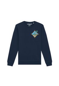 Sweat-shirt bleu marine en coton, doté de manches longues et d'un col rond. Présente un graphisme de paysage brodé sur la poitrine.