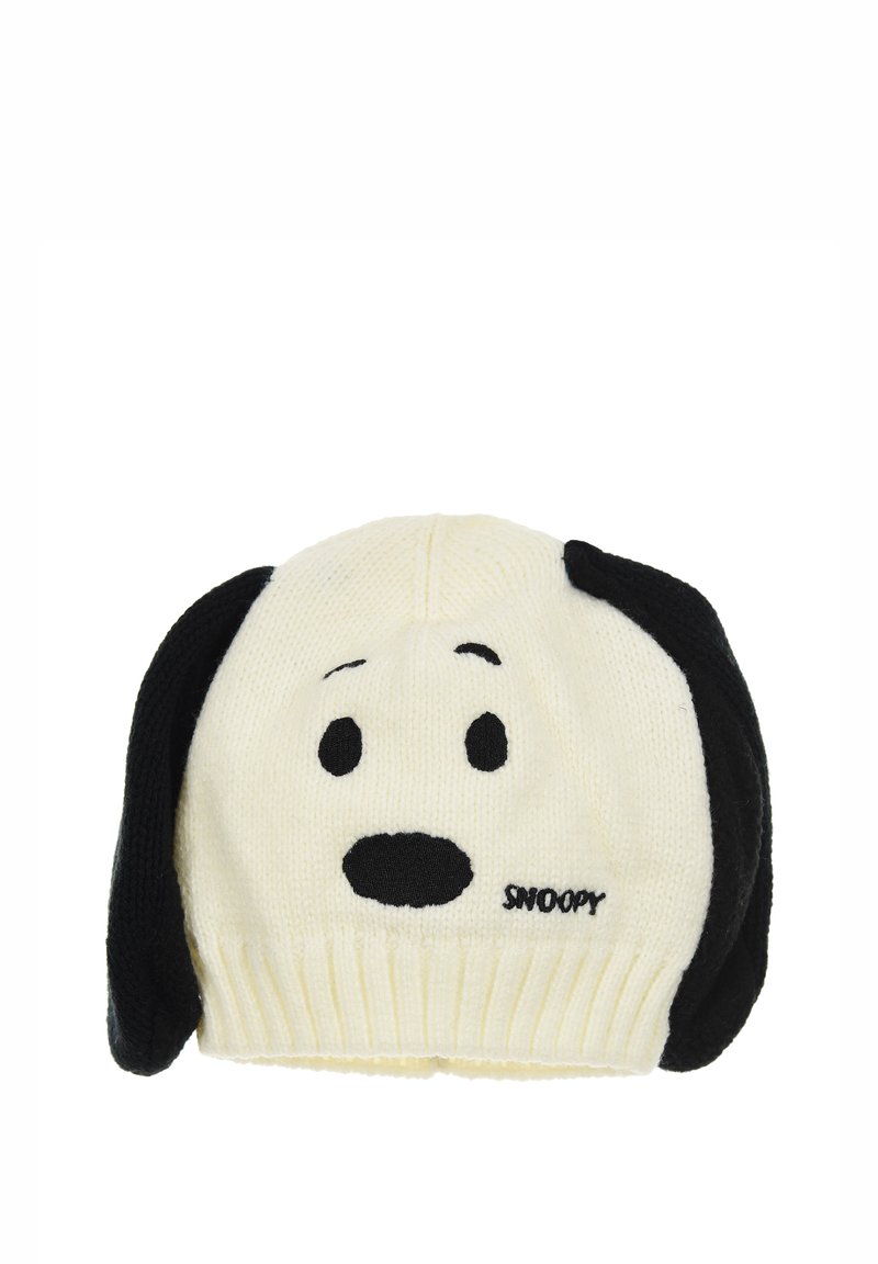 Gebreide muts in crèmekleur met zwarte oren, Snoopy's gezicht in zwarte draad en geribbelde afwerking. Zachte textuur voor comfort.