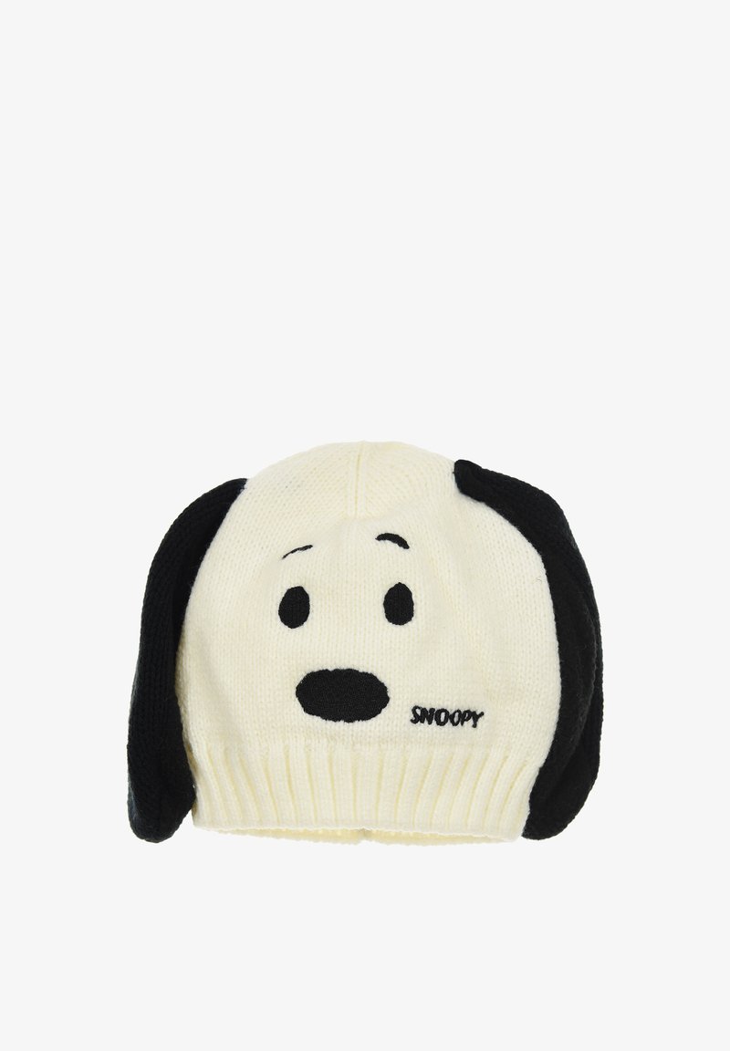 El gorro de punto presenta un color crema con orejas negras, la cara de Snoopy en hilo negro y un borde acanalado. Textura suave para mayor comodidad.