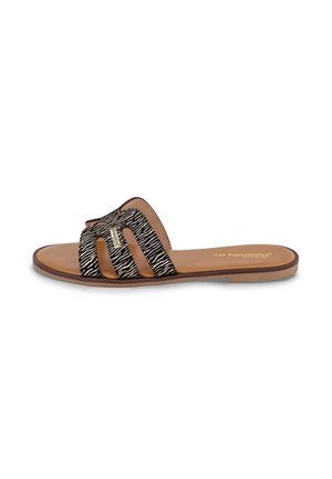 Black and cream striped slide sandal with open-toe design, brown leather insole, and a flat sole. Features a decorative strap design.