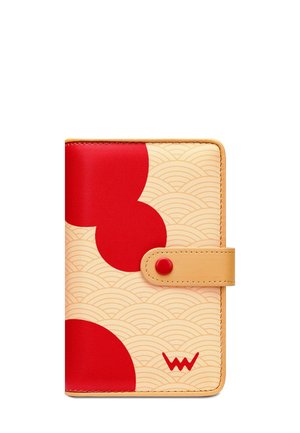 Red and beige wallet with a wave pattern, featuring large red circles and a tan button closure. Made of smooth synthetic material.