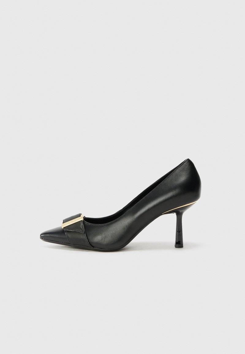 Pantofii din piele neagră cu vârful ascuțit și toc înalt, având un accent auriu la vârf, cu o textură netedă și un design subțire al tocului.