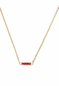 Gouden ketting met een horizontale bar met vier roze stenen. De schakels van de ketting zijn van gemiddelde grootte en gelijkmatig verdeeld.