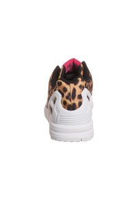 Leopard-print sneaker with a black mesh upper, pink accents inside, white rubber sole, and detailed rear support structure.