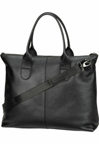 Sac de toile en cuir noir avec une surface texturée, fermeture zippée, doubles poignées et une bandoulière amovible avec un clip en métal.