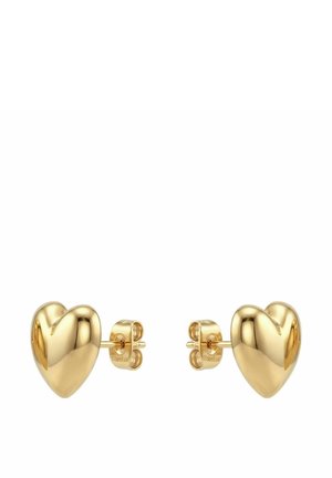 Set glanzende gouden oorstekers in de vorm van een hart met duwsluitingen, op een witte achtergrond.