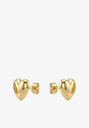 Paar glänzende goldene Ohrstecker in Herzform mit Steckverschluss vor weißem Hintergrund.