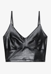Black bralette with thin adjustable spaghetti straps, made from shiny, smooth material. Features a V-neckline and gathered detailing.