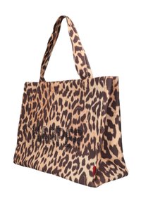 Sac fourre-tout en imprimé léopard avec des embellissements en cristal noir formant le mot "HARPER", doté de deux poignées robustes et d'une forme structurée.