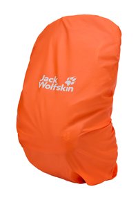 Housse de sac à dos imperméable orange vif avec le logo "Jack Wolfskin" en blanc et un symbole d'empreinte de patte.