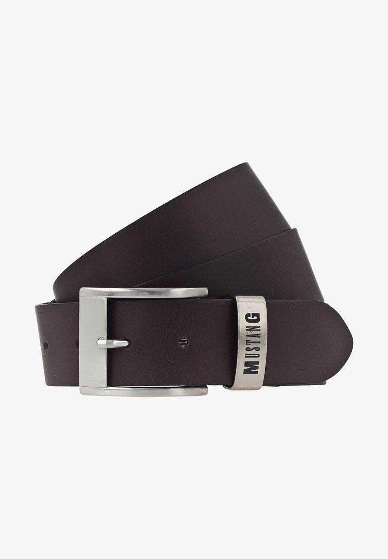 Brown leather belt with a silver metal buckle. Features a rectangular shape with a branded plate that reads "MUSTANG." Smooth texture.