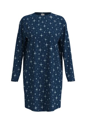 Abito a maniche lunghe blu navy con motivo a stelle bianche. Realizzato in tessuto morbido, vestibilità ampia, scollo rotondo.