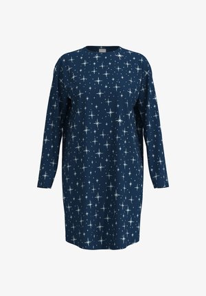 Abito a maniche lunghe blu navy con motivo a stelle bianche. Realizzato in tessuto morbido, vestibilità ampia, scollo rotondo.