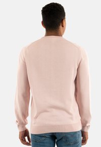 Pull rose clair en matière douce, avec manches longues, poignets côtelés et col rond. Vue de dos mettant en avant la simplicité du design.