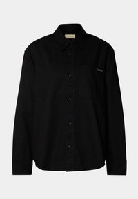 Black long-sleeve button-up shirt with collar, front pocket, and Calvin Klein logo on the chest pocket.