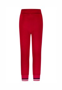 Rode joggingbroek met een zachte textuur, elastische tailleband en geribbelde enkels met contrasterende gestreepte accenten aan de onderkant.