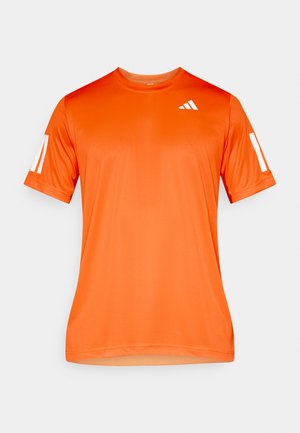 Orange short-sleeve athletic shirt made of lightweight fabric. Features white accents and branding on the chest and sleeves. Smooth texture.