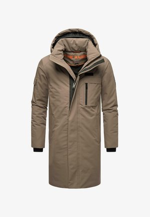 Beige waterdichte parka met een capuchon, rits aan de voorkant en meerdere zakken. Beschikt over zwarte manchetten en een grijze binnenvoering.