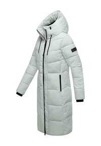 Light blue puffer coat with a hood, vertical stitching, front zipper, and two side pockets. Cuffs feature a black accent.