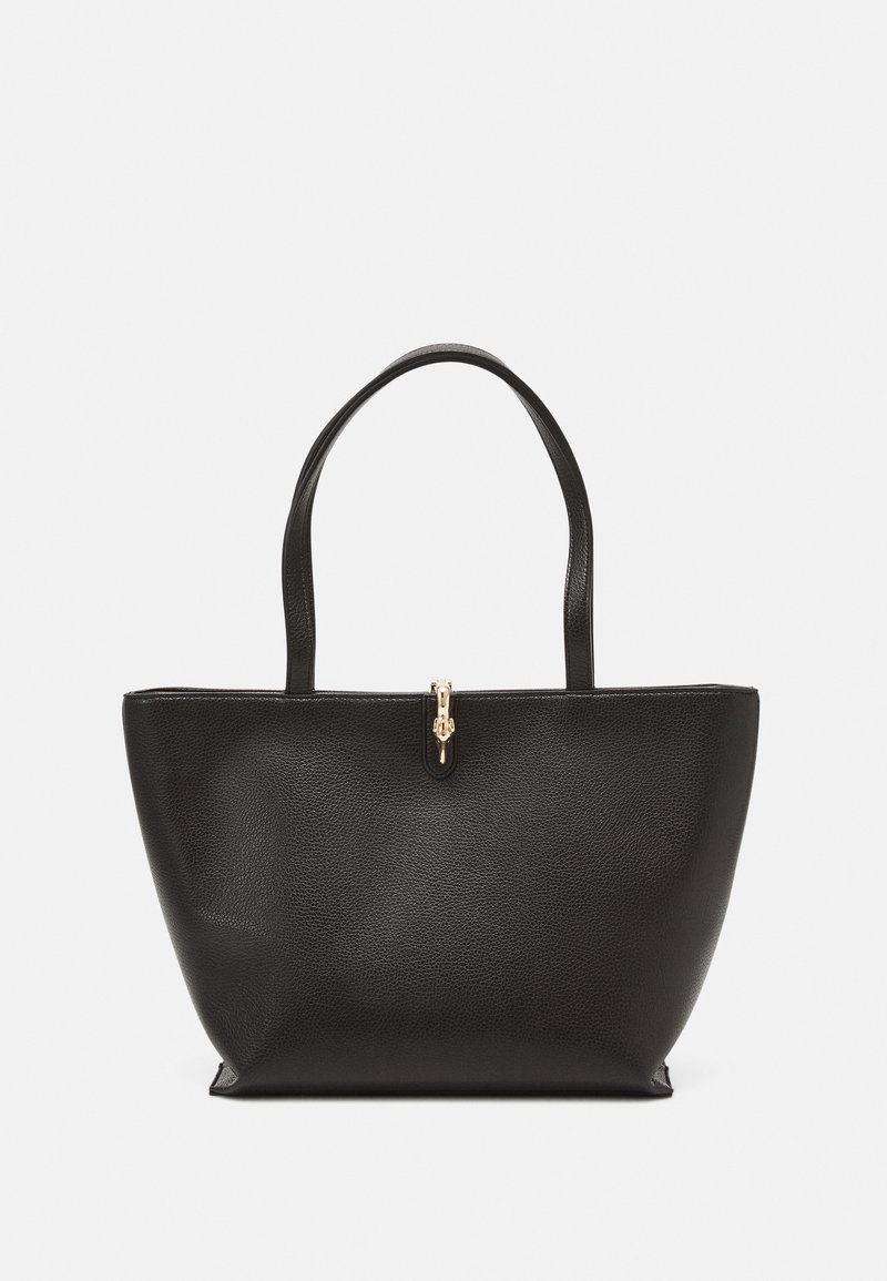 Sac cabas en cuir noir avec de longues anses et un petit fermoir doré centré sur le bord supérieur.