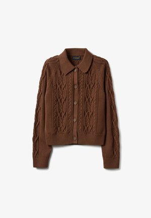 Bruine gebreide cardigan met kabelpatronen, lange mouwen, knoopsluiting aan de voorkant, geribbelde manchetten en zoom, en een puntige kraag.