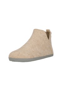 Beige filt-sko med lav ankeldesign, rund tå og grå gummisål. Har en blød tekstur og minimalistisk stil.