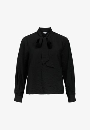 Black long-sleeve blouse with a structured tie neck. Textured fabric with a slightly crinkled appearance and fitted cuffs.