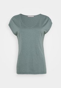 Green short-sleeve t-shirt made of soft fabric. Features a v-neck design and a relaxed fit with a smooth texture.