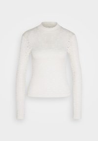 White long-sleeve ribbed top with a high neck, featuring a patterned texture and slight sheen for a subtle reflective effect.