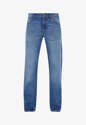 Sinised denim teksad sirge lõikega, viie tasku ja lukuga. Esiosas on kerge pleekimine, oranžid tikandid lisavad aktsenti.