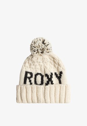 Strickmütze in Creme mit einem strukturierten Muster, versehen mit einem schwarzen "ROXY"-Logo und einem flauschigen Pompon oben. Rippbund am Saum.