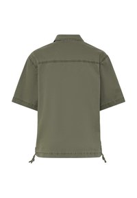 Chemise à manches courtes vert olive avec col, détail de couture au dos et cordons à nouer à l'ourlet.