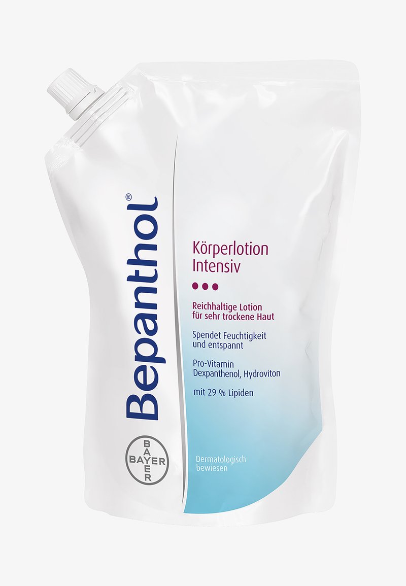 Bepanthol Körperlotion Intensiv Nachfüllbeutel mit weißer und blauer Verpackung, Klappdeckel, für sehr trockene Haut und feuchtigkeitsspendende Pflege.