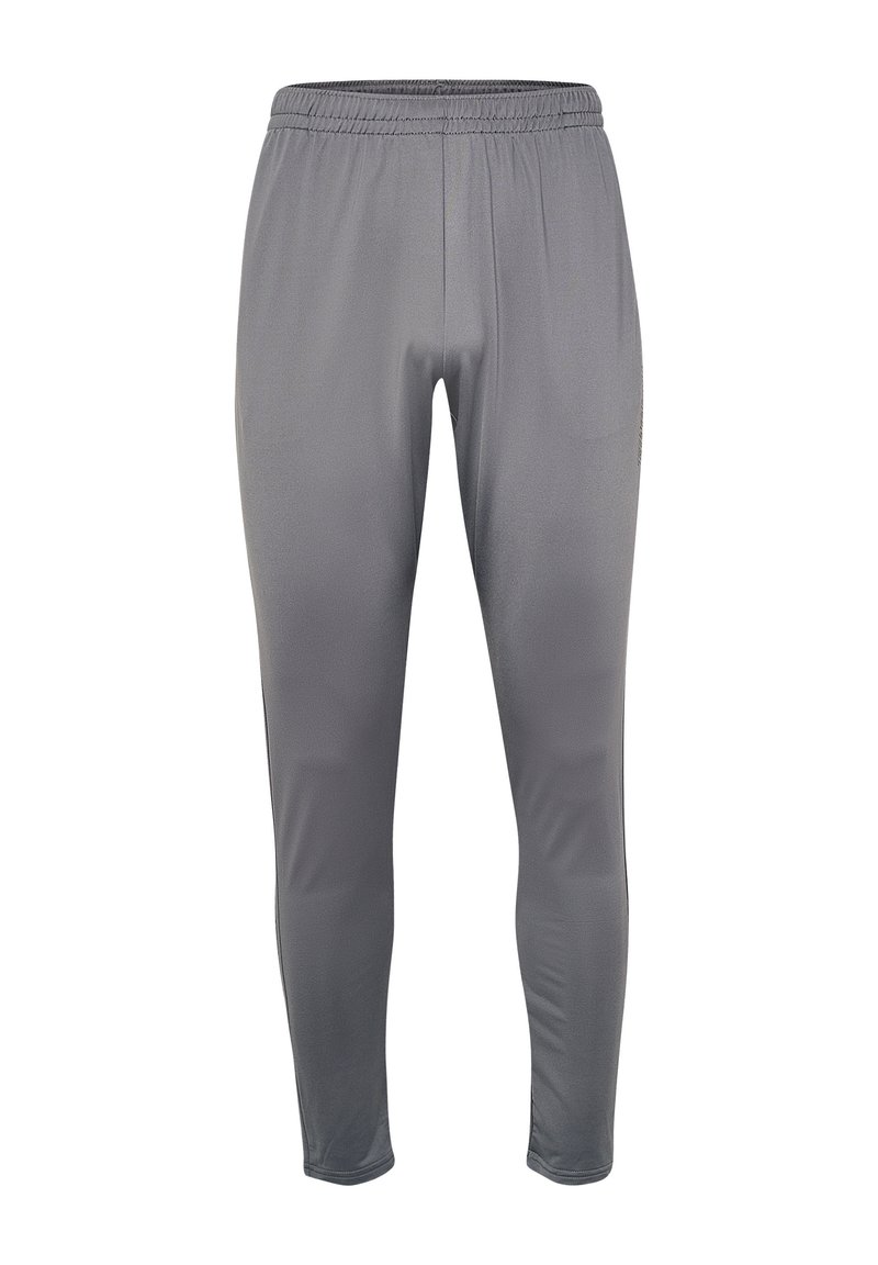 Szare spodnie sportowe wykonane z gładkiego, lekkiego materiału. Posiadają elastyczny pasek w talii oraz zwężane nogawki, co zapewnia dopasowany kształt.