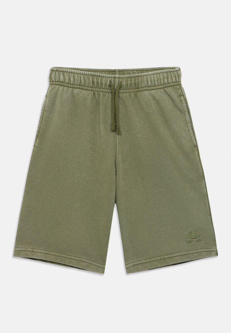 Βερμούδες από βαμβάκι σε ελιά πράσινο με ελαστική μέση, κορδόνι, δύο πλευρικές τσέπες και μικρό λογότυπο στο κάτω αριστερό πόδι.