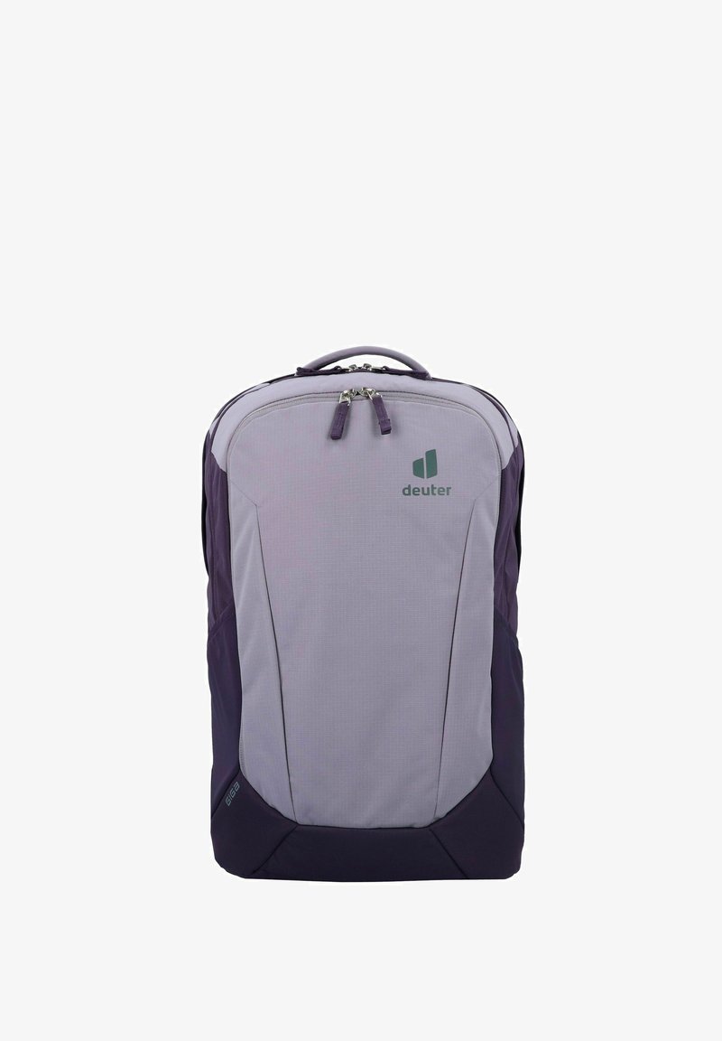 Gray and purple backpack made of durable fabric with a smooth texture. Features zippered closure, dual handles, and discreet logo.