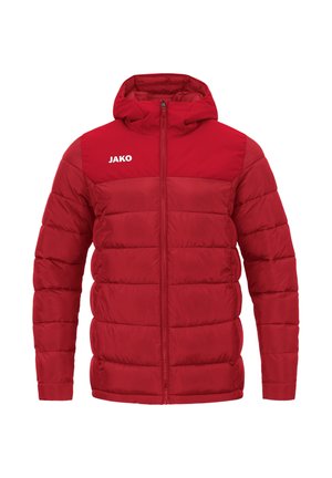 Rote wattierte Kapuzenjacke mit horizontalen Steppnähten, Frontreißverschluss, langen Ärmeln und weißem "JAKO"-Logo auf der oberen linken Brust.