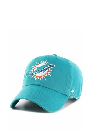 Turkusowa czapka baseballowa z logo Miami Dolphins przedstawiającym delfina i pomarańczowy rozbłysk słoneczny na przednim panelu.