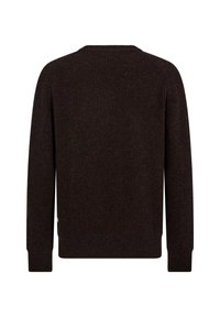 Mörkbrun ribbad tröja med lång ärm och rundad halsringning. Har en strukturerad yta och en rak nederkant bak.