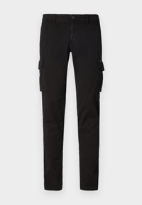 Černé nákladní kalhoty z bavlněné směsi. Mají boční kapsy, rovné nohavice a zapínání na knoflík v pase. Hladká textura.