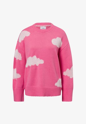 Rosa Pullover mit weißen, flauschigen Wolkenmustern, Rundhalsausschnitt und gerippten Bündchen. Weicher Stoff, lässige Passform und weite Silhouette.
