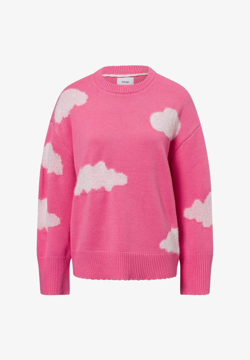 Roze sweater met witte pluizige wolkpatronen, ronde hals en geribbelde manchetten. Zachte textuur, relaxte pasvorm, met een ruime silhouet.