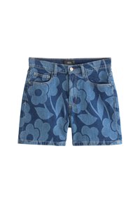 Denim šortai su mėlynu gėlių raštu, su mygtuko uždarymu, penkių kišenių dizainu ir šiek tiek nusidėvėjusia apatine kraštine.