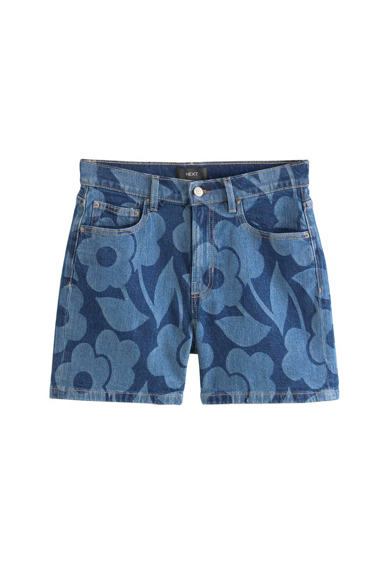 Denim šortai su mėlynu gėlių raštu, su mygtuko uždarymu, penkių kišenių dizainu ir šiek tiek nusidėvėjusia apatine kraštine.
