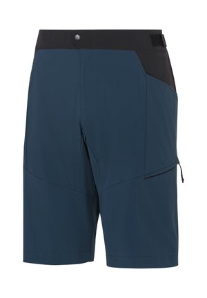 Pantaloni corti blu navy con una cintura nera, caratterizzati da una tasca laterale con zip e una superficie liscia. Realizzati in un materiale leggero e resistente.